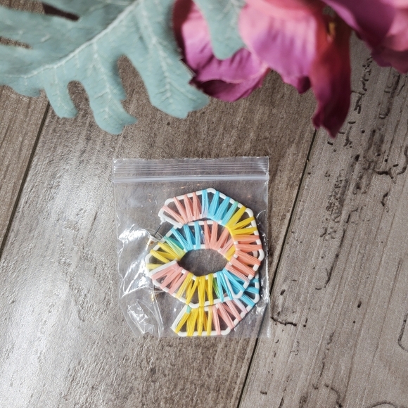 NWT Pastel Octogonal Raffia Open Hoop Earrings Purple Blue Green Orange Yellow - Picture 2 of 11